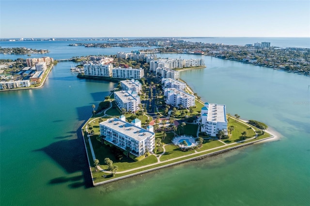 aerial view with a water view and a view of city