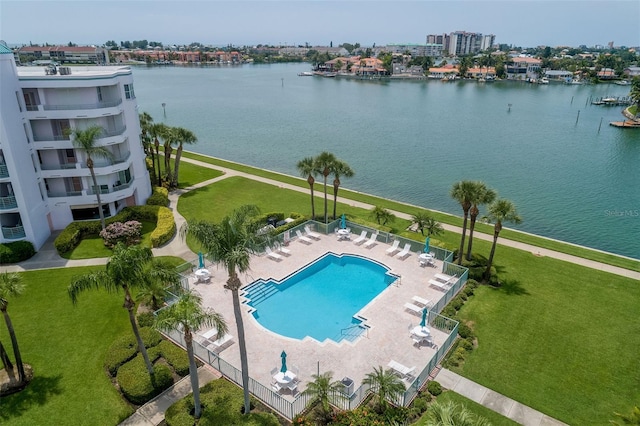 aerial view featuring a water view