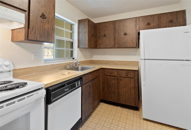 kitchen featuring a sink, dark brown cabinetry, white appliances, and extractor fan