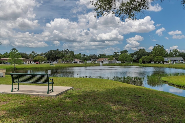 view of property's community with a water view and a yard