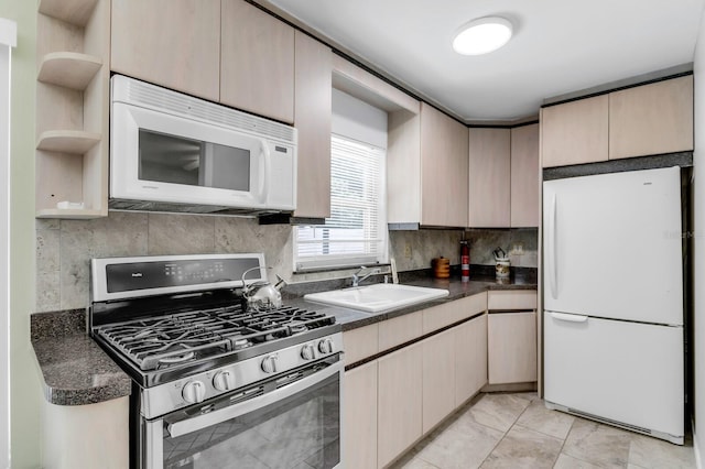 1403 Garden Ave, Tarpon Springs, FL 34689 - kitchen with white appliances, a sink, dark countertops, tasteful backsplash, and open shelves