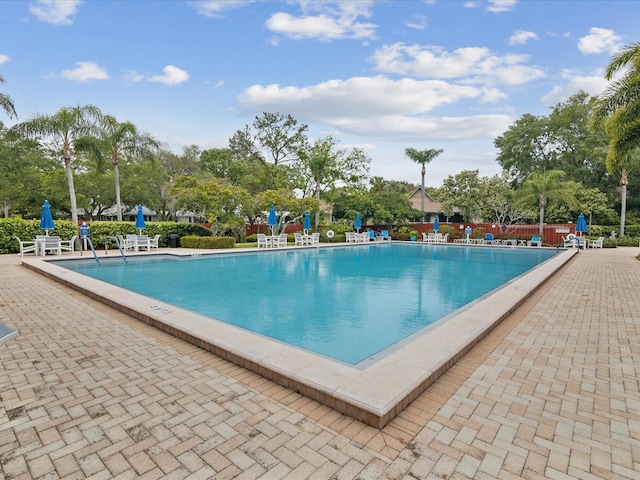 pool featuring a patio and fence