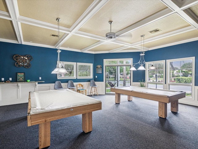 game room with billiards, carpet, coffered ceiling, and visible vents