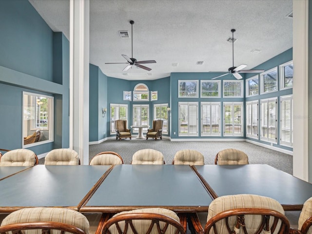 dining room featuring a textured ceiling, ceiling fan, and a wealth of natural light