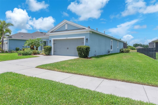 ranch-style house with a front lawn, stucco siding, and fence