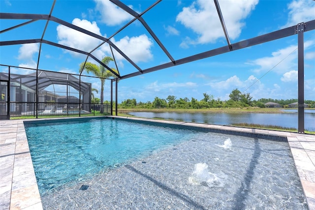 outdoor pool with a lanai and a water view