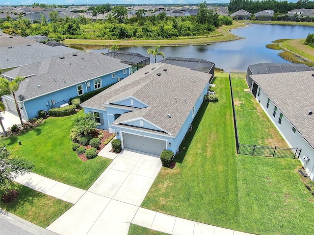 aerial view with a water view and a residential view
