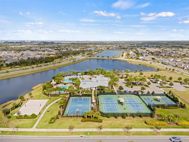 bird's eye view featuring a residential view and a water view