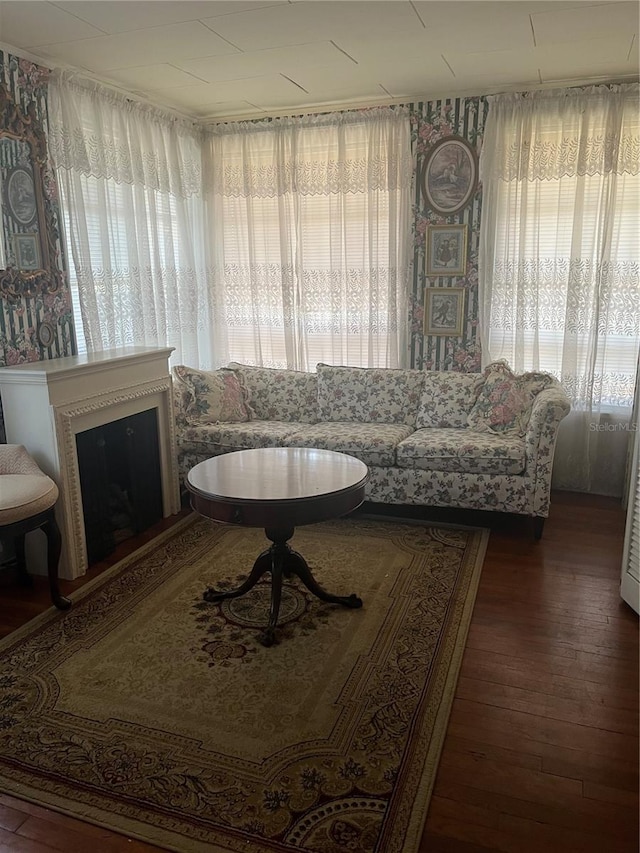 living area featuring a fireplace and hardwood / wood-style floors