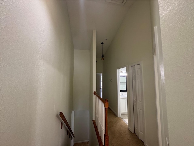 6405 Osprey Lake Cir, Riverview, FL 33578 - hallway with carpet flooring, a textured wall, and an upstairs landing
