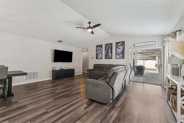 518 Royal Ridge St, Valrico, FL 33594 - living room featuring ceiling fan, lofted ceiling, dark wood finished floors, and visible vents