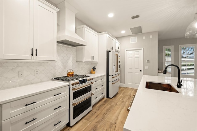 kitchen with wall chimney range hood, white cabinets, a sink, high end appliances, and tasteful backsplash