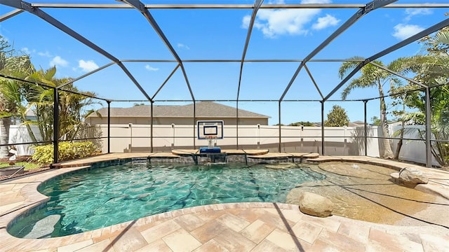 view of swimming pool featuring a fenced in pool, a fenced backyard, and a patio