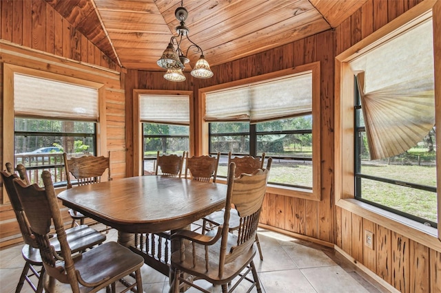 dining space with wooden ceiling, vaulted ceiling, wood walls, and a healthy amount of sunlight