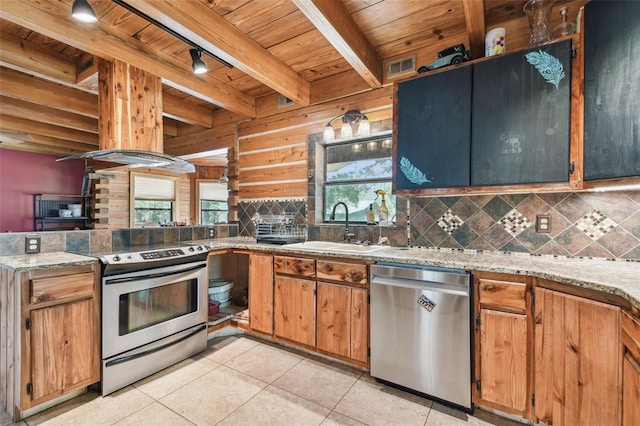 kitchen featuring a sink, wood ceiling, backsplash, beamed ceiling, and stainless steel appliances