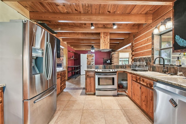 kitchen with a sink, a peninsula, stainless steel appliances, brown cabinets, and wooden ceiling