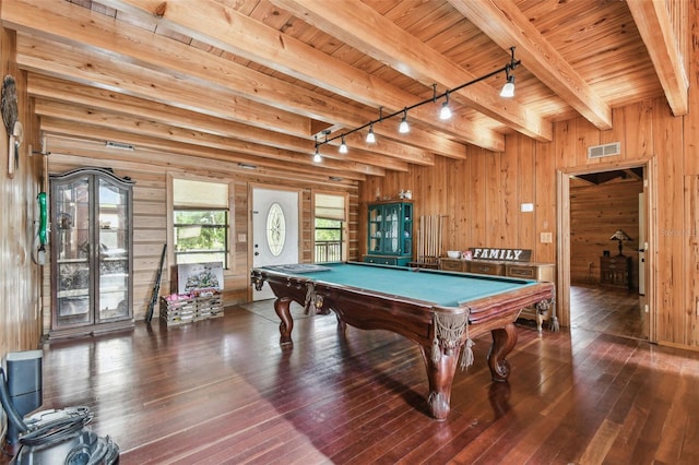 recreation room with track lighting, beam ceiling, visible vents, and wood walls