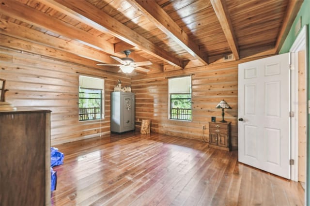 unfurnished bedroom featuring wooden ceiling, beamed ceiling, wood walls, and hardwood / wood-style floors