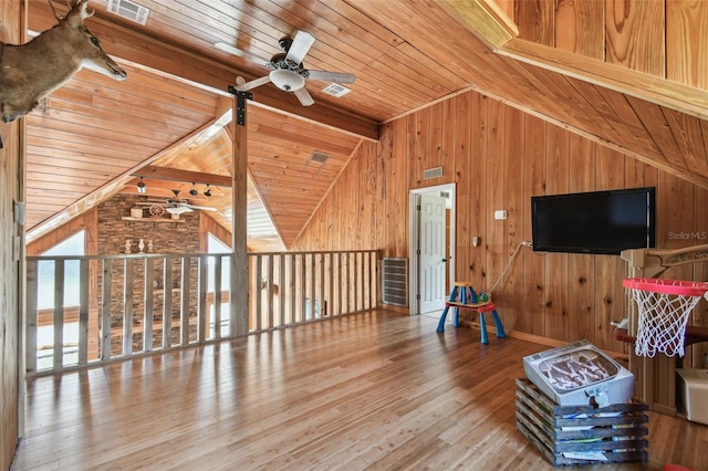 living area with ceiling fan, wood ceiling, visible vents, wood walls, and vaulted ceiling with beams