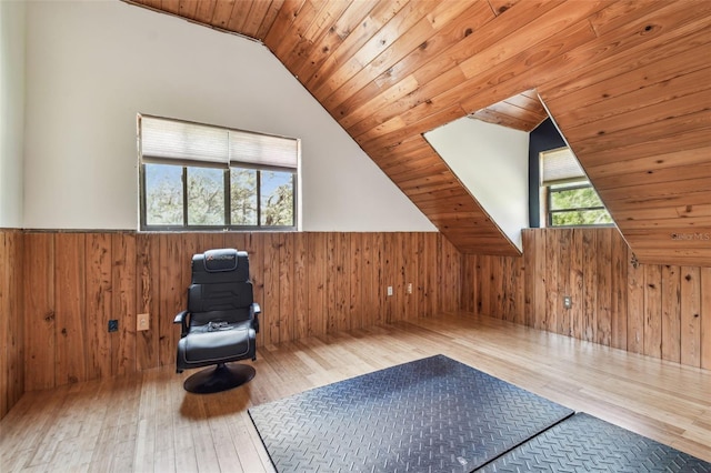 additional living space with wood walls, wood-type flooring, a wainscoted wall, and vaulted ceiling