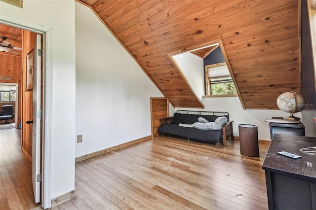 sitting room with wooden ceiling, baseboards, lofted ceiling, and hardwood / wood-style floors