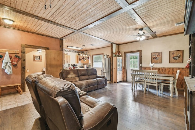 living room featuring wood-type flooring, wood ceiling, and ceiling fan with notable chandelier
