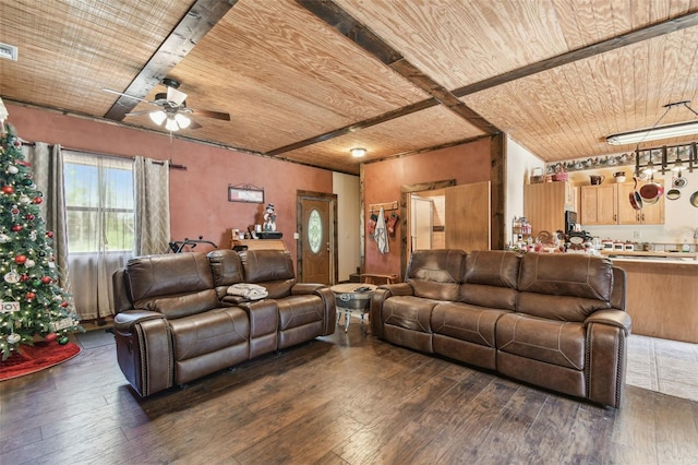 living room featuring a ceiling fan, beamed ceiling, dark wood finished floors, and wood ceiling