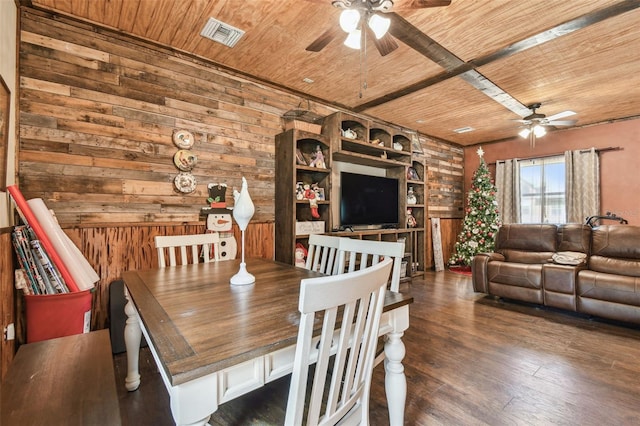 dining space with a ceiling fan, visible vents, wood ceiling, wood walls, and wood finished floors