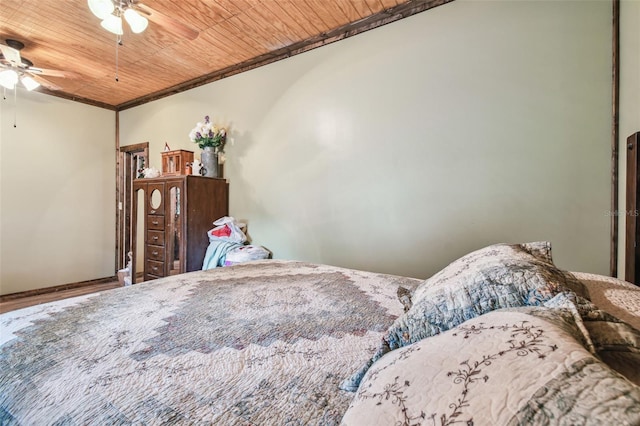 bedroom featuring ceiling fan, wooden ceiling, and wood finished floors