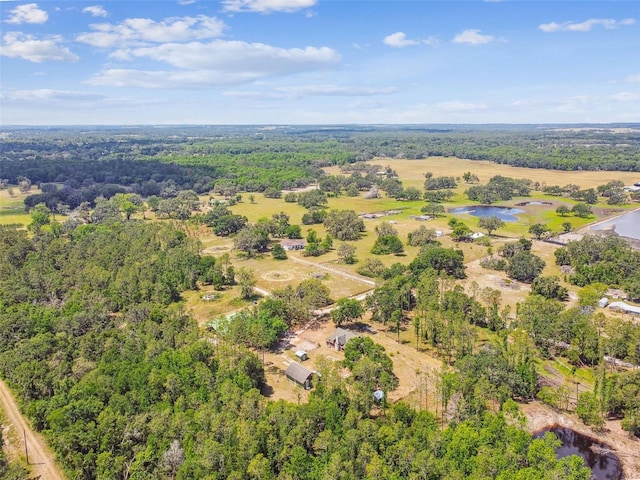 drone / aerial view featuring a water view and a view of trees