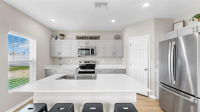 kitchen featuring a kitchen island with sink, visible vents, appliances with stainless steel finishes, a sink, and light countertops