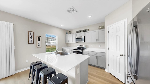 kitchen with a breakfast bar, a sink, an island with sink, stainless steel appliances, and visible vents