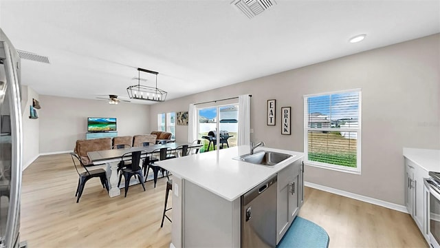 kitchen featuring an island with sink, light countertops, a sink, light wood-style flooring, and appliances with stainless steel finishes