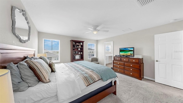 bedroom with visible vents, carpet, ceiling fan, and baseboards