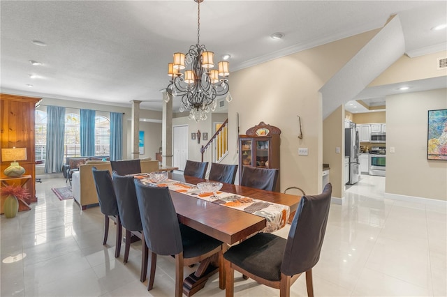 1750 Arabian Ln, Palm Harbor, FL 34685 - dining room with crown molding, light tile patterned flooring, a chandelier, stairs, and decorative columns