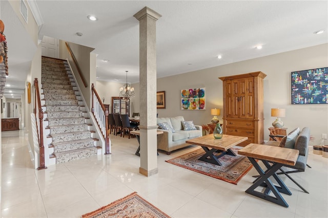 1750 Arabian Ln, Palm Harbor, FL 34685 - living area with decorative columns, stairway, recessed lighting, a chandelier, and crown molding