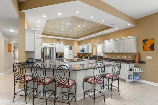 1750 Arabian Ln, Palm Harbor, FL 34685 - kitchen featuring a tray ceiling, appliances with stainless steel finishes, a peninsula, baseboards, and dark stone countertops