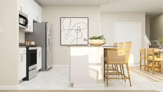 kitchen with white cabinetry, baseboards, light tile patterned floors, and stainless steel refrigerator with ice dispenser