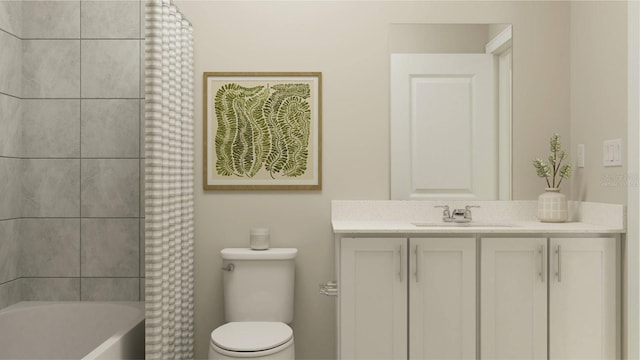 bathroom with vanity, shower / bath combo, and toilet