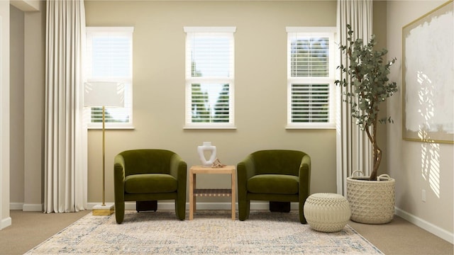 sitting room featuring baseboards and carpet