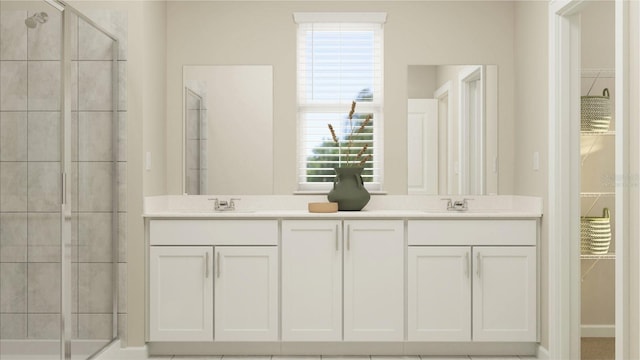 full bathroom featuring a sink, a walk in closet, and a shower stall