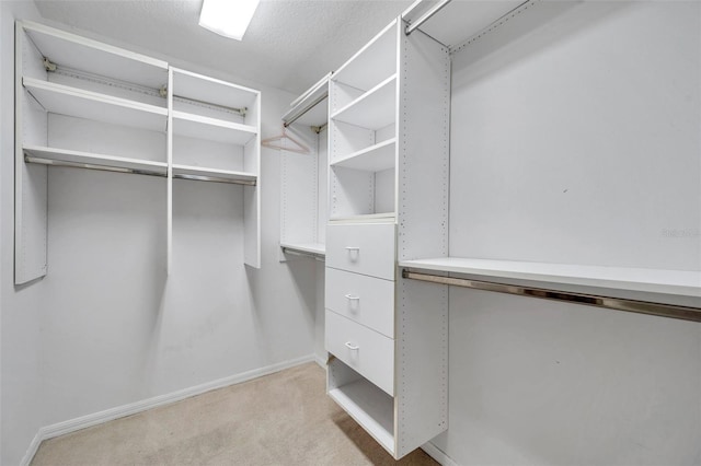 spacious closet featuring light carpet