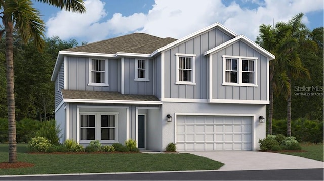 view of front facade with board and batten siding, a garage, a front lawn, concrete driveway, and a shingled roof