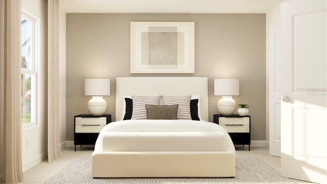 bedroom featuring baseboards and light carpet