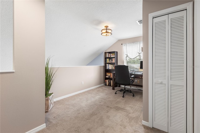 2512 Rustic Oaks Dr, Lutz, FL 33559 - home office with carpet, lofted ceiling, and baseboards