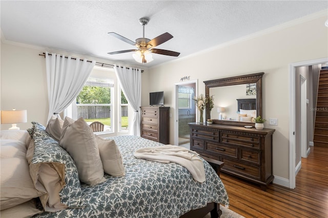 2512 Rustic Oaks Dr, Lutz, FL 33559 - bedroom featuring wood finished floors, ornamental molding, baseboards, a textured ceiling, and ceiling fan