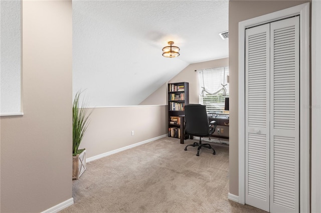 2512 Rustic Oaks Dr, Lutz, FL 33559 - office area with carpet, lofted ceiling, baseboards, and a textured ceiling