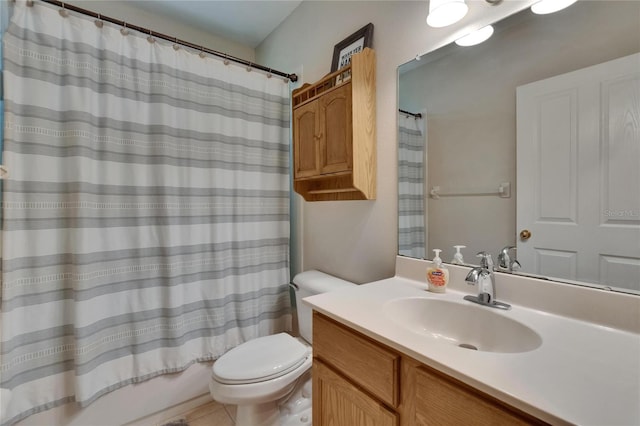 15724 Ibisridge Dr, Lithia, FL 33547 - bathroom with vanity, shower / bathtub combination with curtain, toilet, and tile patterned flooring