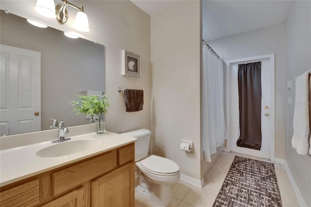 full bathroom with toilet, a shower with shower curtain, tile patterned flooring, and vanity