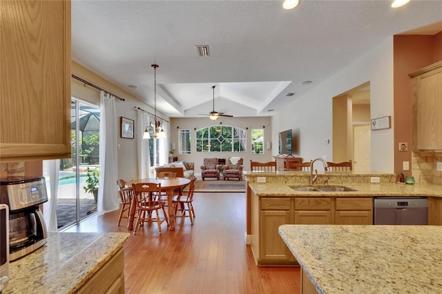 kitchen with a sink, ceiling fan, dishwasher, and a healthy amount of sunlight